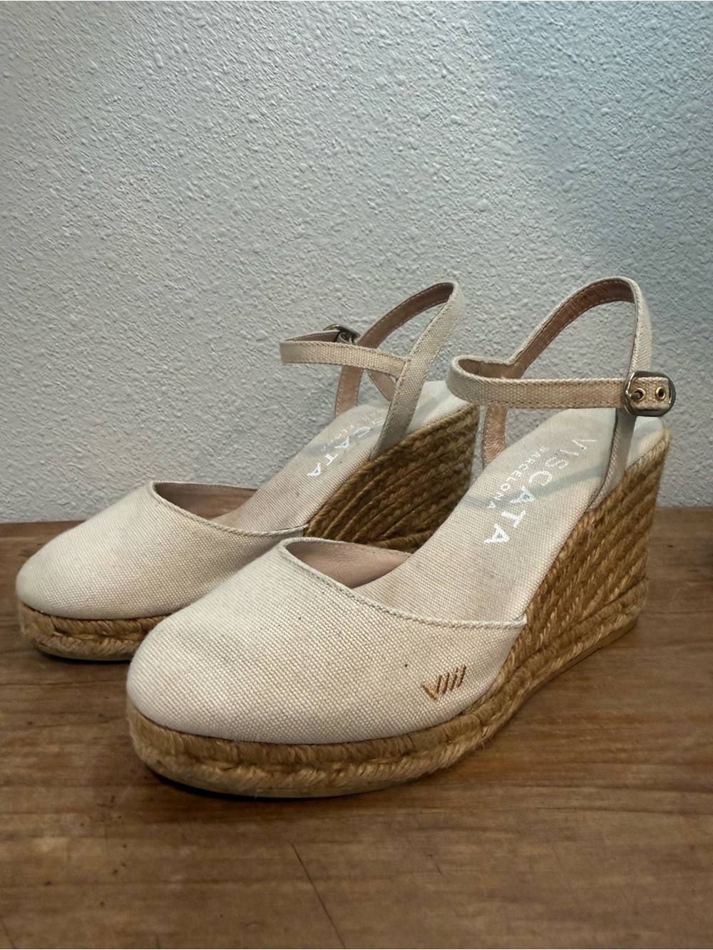 Viscata Barcelona 37 Beige Canvas Espadrille Wedge Heels Spain